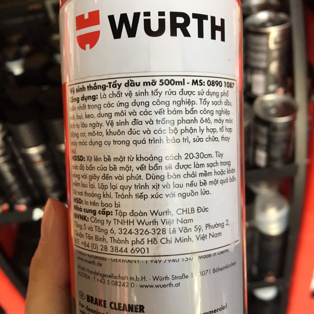 Vệ Sinh Bố Thắng , Tẩy Dầu Mỡ Wurth 500ml Bremsen Reiniger Brake Cleaner 08901087