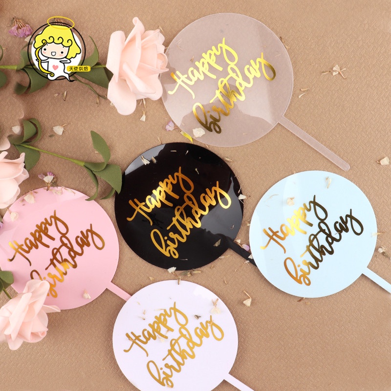 Thẻ Tròn acrylic Trong Suốt In Chữ happy birthday Trang Trí Bánh Kem