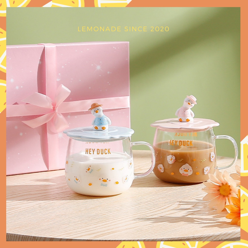 Cốc thủy tinh nắp sứ hình vịt nghiêng Hey Duck dễ thương kèm thìa