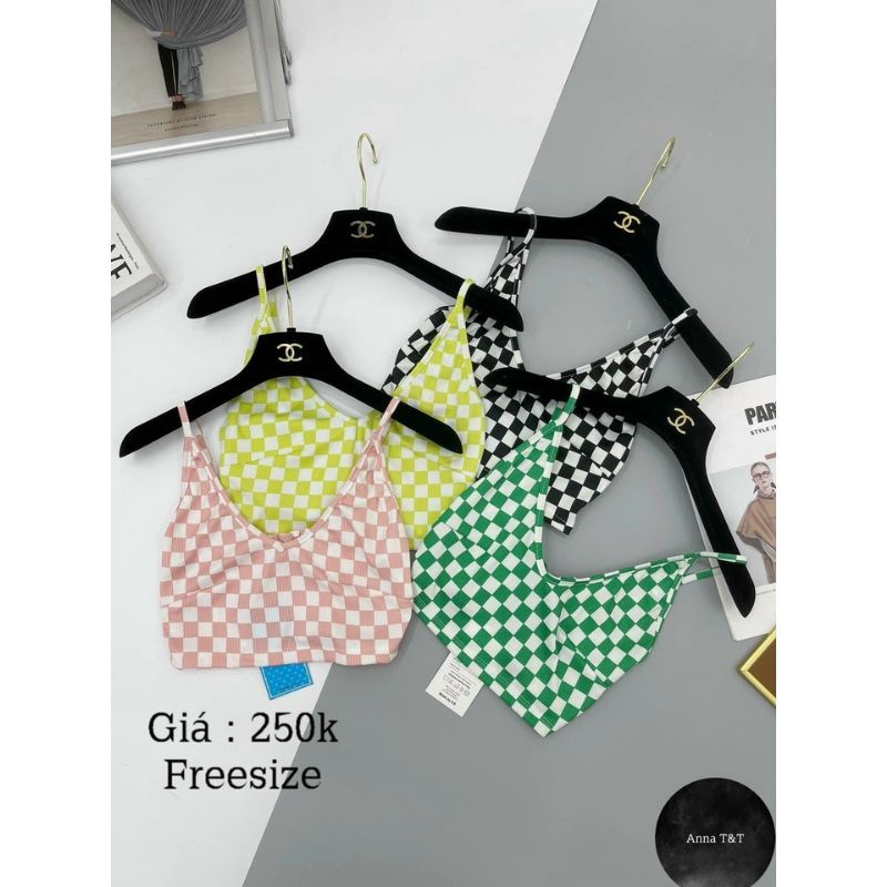 Áo 2 dây cổ tim kẻ sọc caro  CROPTOP PC