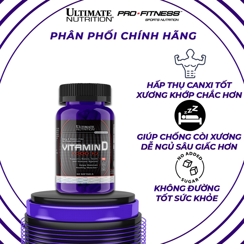 Vitamin D 1000IU Ultimate Nutrion tăng khả năng hấp thụ canxi, phốt pho trong cơ thể giúp xương vững chắc (Lọ 60 viên)