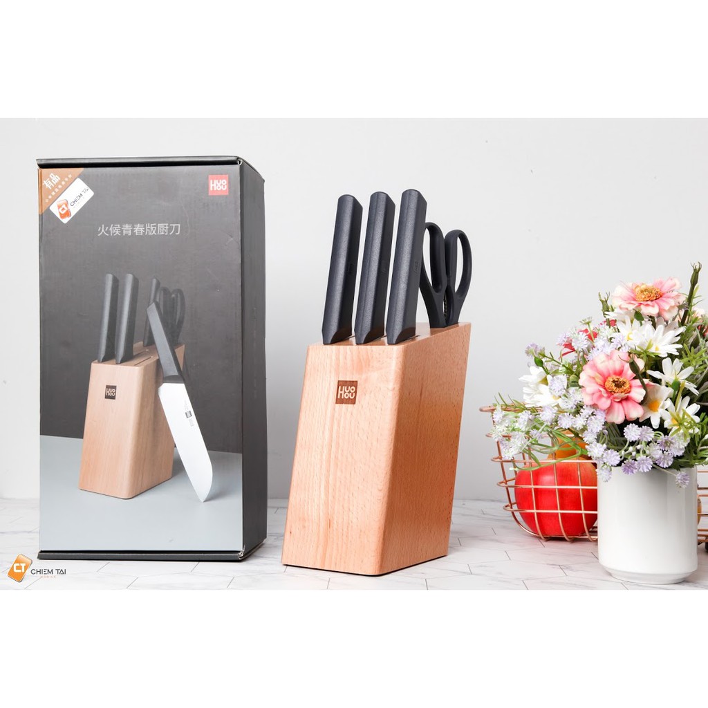 Bộ 6 món dao kéo bằng thép không gỉ kèm chân đế Huohou