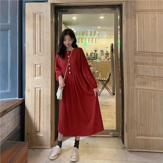 [CÓ SẴN] Đầm trơn dài cổ tròn dài tay thắt nơ eo tiểu thư ulzzang