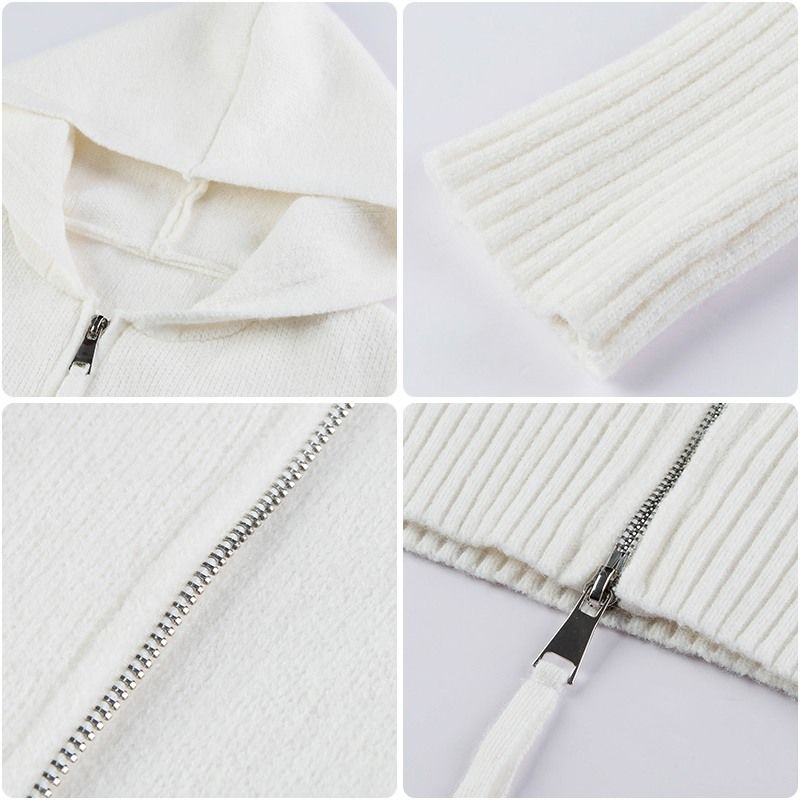 Áo Khoác cardigan Dệt Kim Màu Trơn Có Mũ Phối Khóa Kéo Thời Trang Hàn Quốc