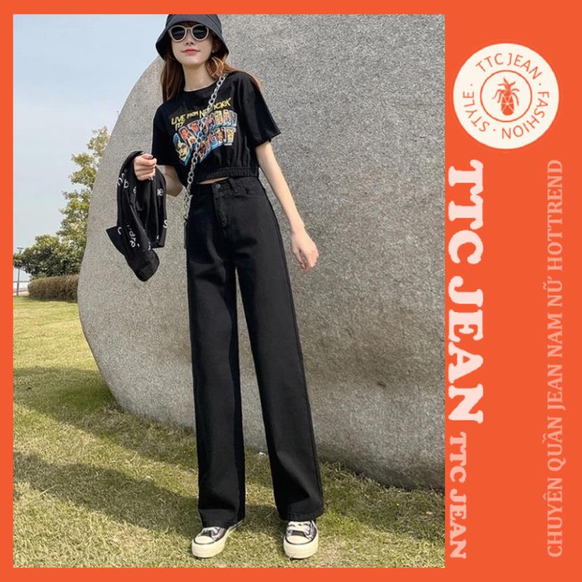 Quần jean bò ống rộng quần jean bò ống suông nữ cạp cao màu đen hot 2022 TTC Jean