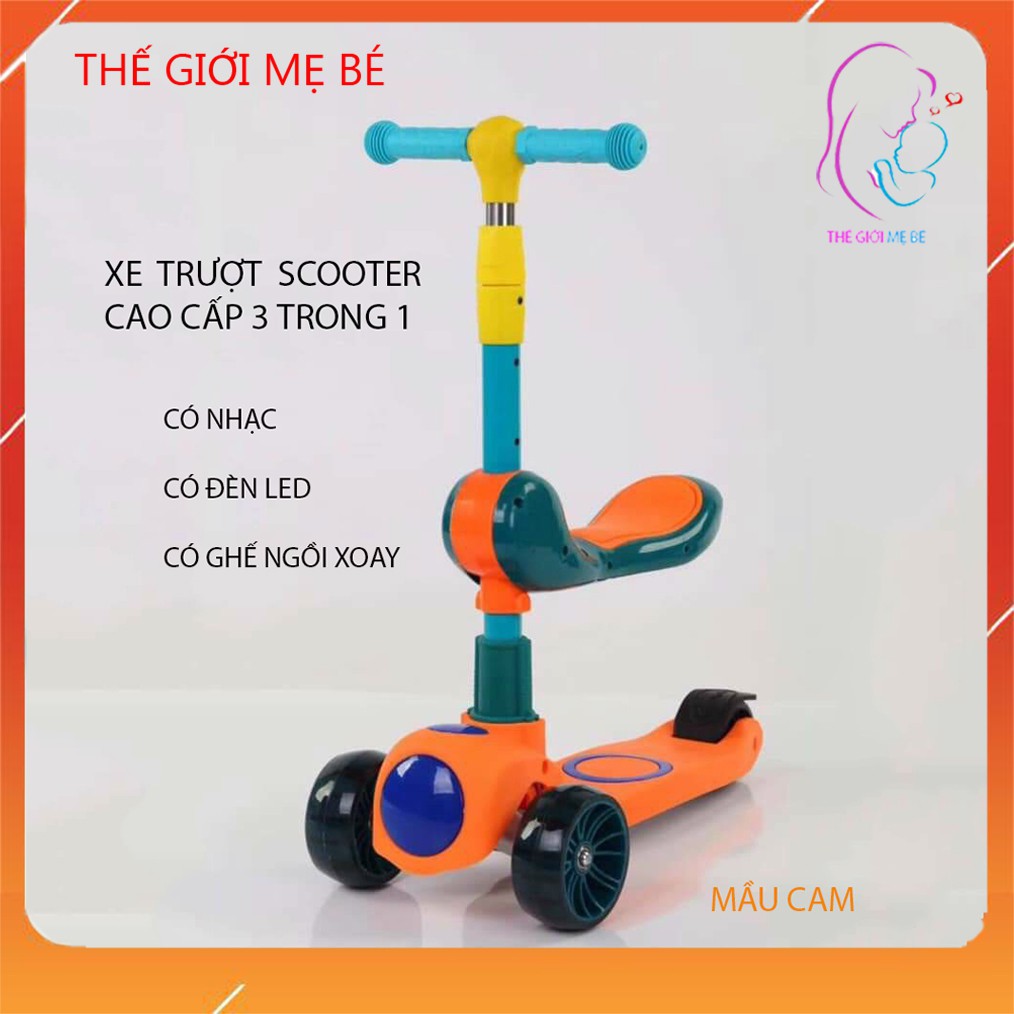 Xe trượt Scooter có nhạc có đèn led 3 trong 1, bánh phát sáng cho bé từ 3 - 8 tuổi, tải trọng lên đến 70kg