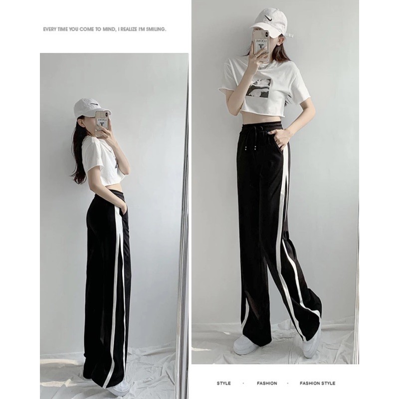 Quần culottes nỉ ống rộng suông viền trắng kèm hình thật