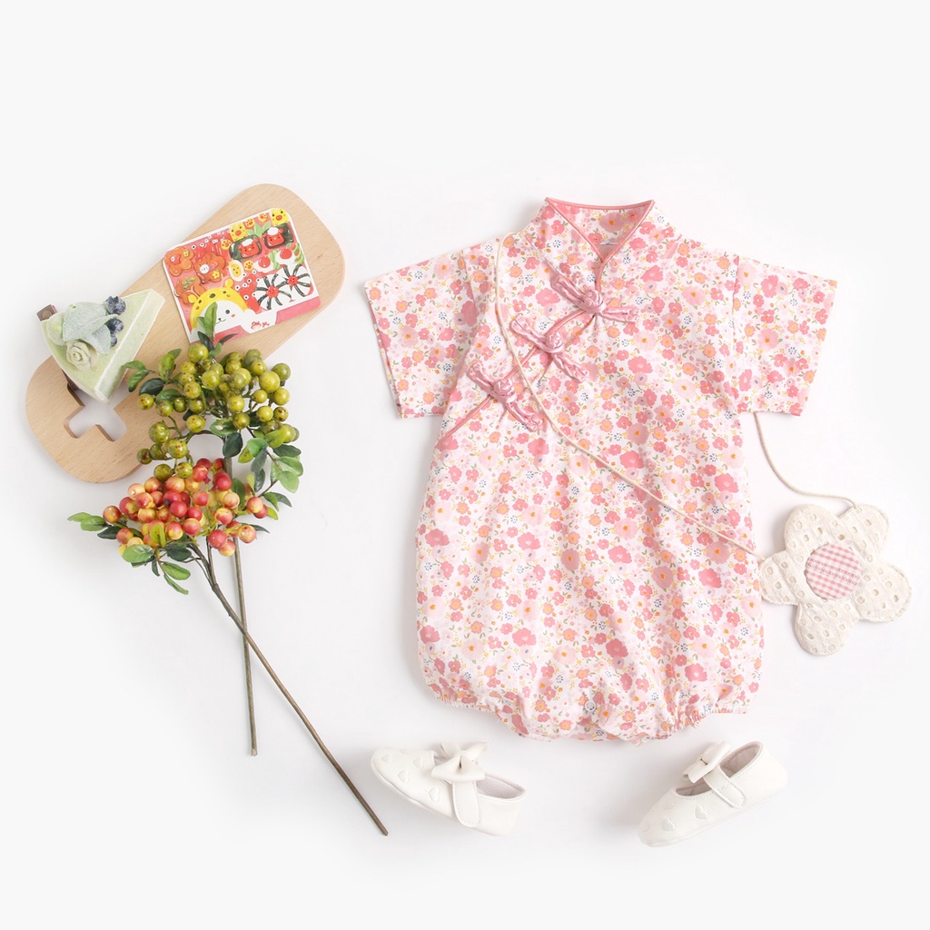 Bộ áo liền quần SANLUTOZ hoạ tiết bông nhí xinh xắn thời trang mùa hè cho bé sơ sinh