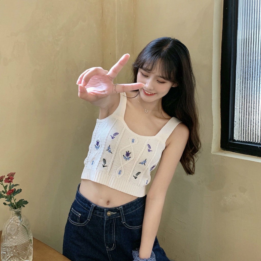 Áo Hai Dây Dệt Kim Dáng Ôm Thêu Họa Tiết Phong Cách Hàn Quốc Cổ Điển Thời Trang Cho Nữ