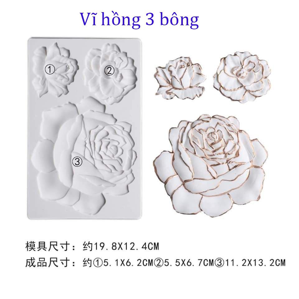 Khuôn vĩ hoa Hồng 3 bông 20x12cm bằng Silicon cao cấp đổ tạo hình bánh rau câu, trung thu hiện đại