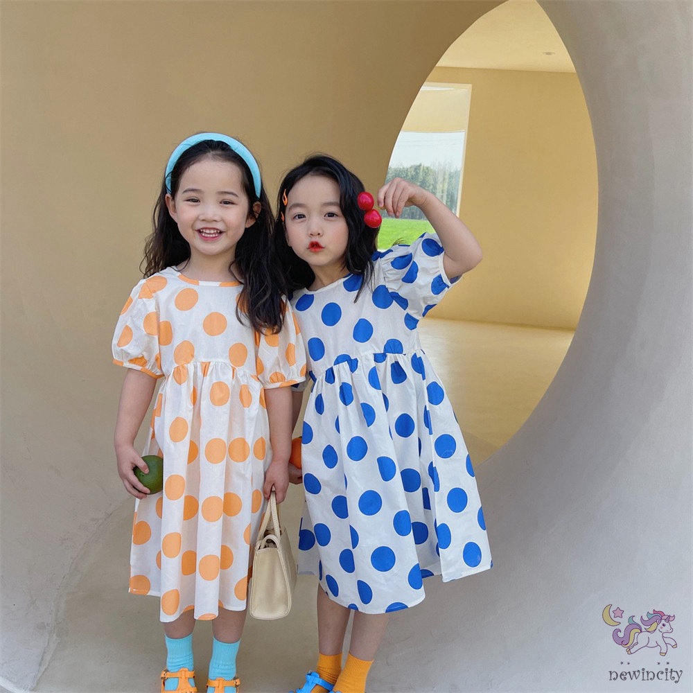 Đầm Tay Phồng Ngắn Họa Tiết Chấm Bi Thời Trang Mùa Hè Hàn Quốc Cho Bé Gái