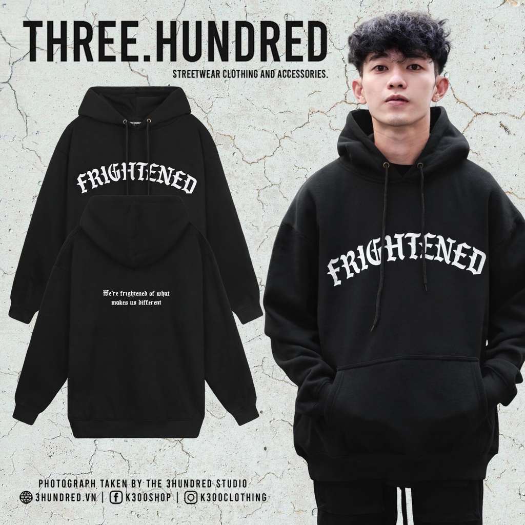 Áo Hoodie Frightened Màu Đen In Chữ Trắng Đơn Giản Chất Liệu Nỉ Bông Cotton