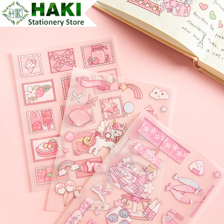 Sticker cute hoạt hình dễ thương HAKI, hình dán cute 4 sticker chống thấm nước trang trí sổ đáng yêu giá rẻ ST27