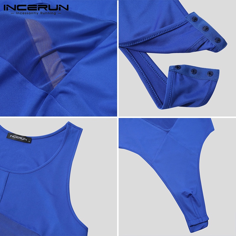 Áo liền quần INCERUN cổ tròn không tay ôm dáng phối rỗng xuyên thấu thoải mái thời trang dành cho nam