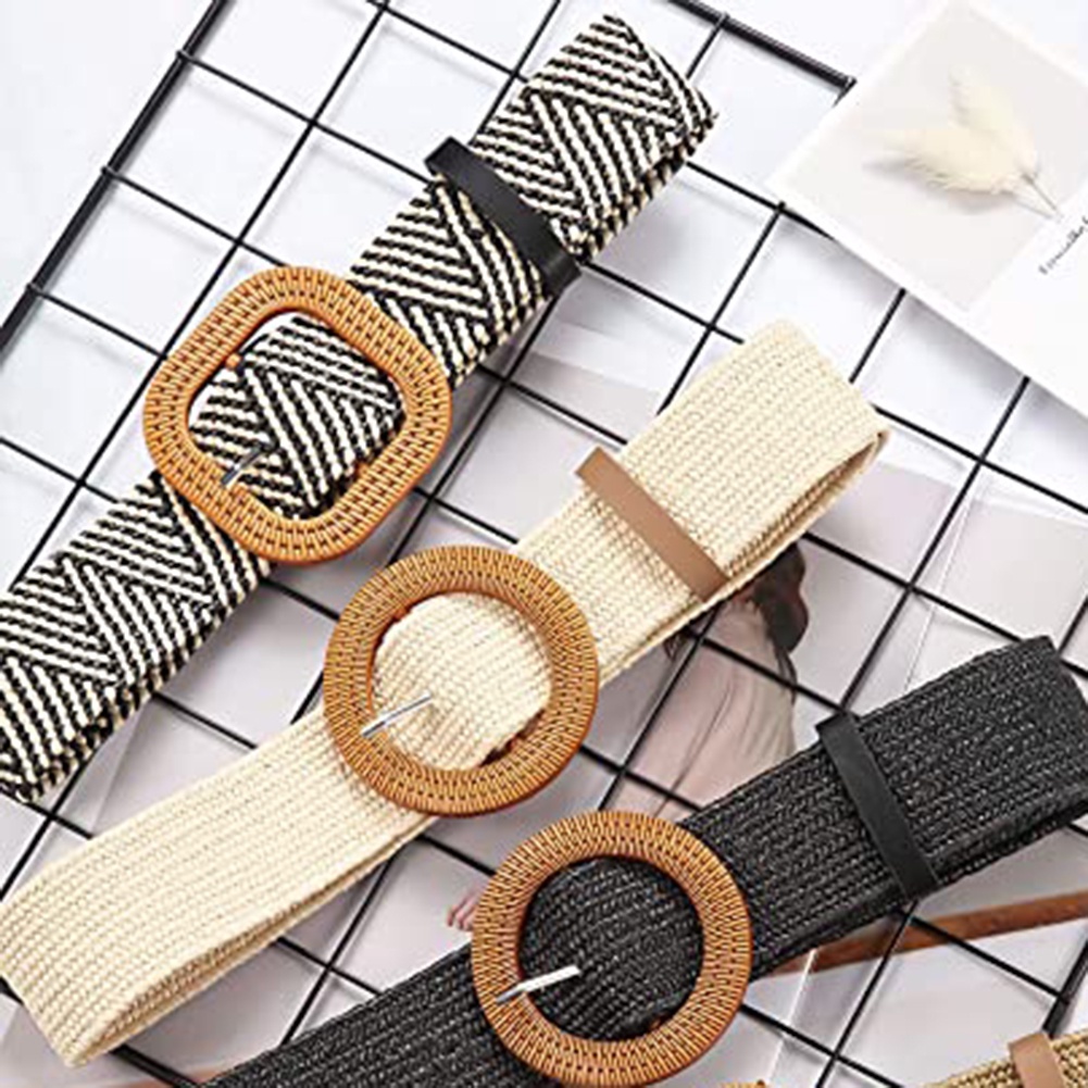 Dây thắt lưng đan sợi rơm có khóa cài kim loại phong cách boho thời trang dành cho nữ