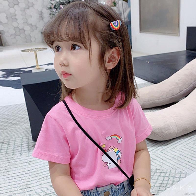 Áo thun tay ngắn chất liệu cotton in họa tiết hoạt hình phong cách Hàn Quốc dành cho bé gái