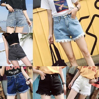 MYQUEEN Quần short jean ống rộng trang trí tua rua