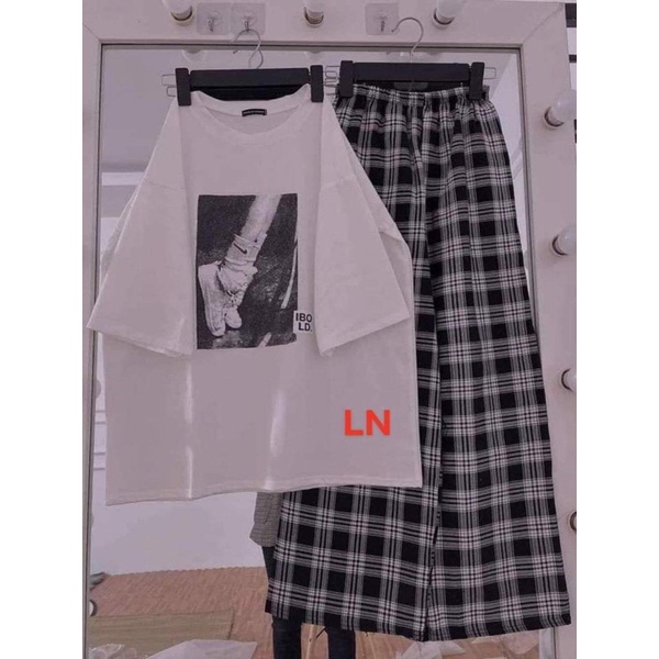 Sét áo trắng in hình + quần kẻ ô TH6