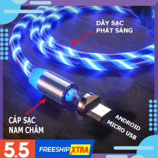 Cáp sạc nam châm dây phát sáng đầu micro usb | dài 1m -2m, xoay 360