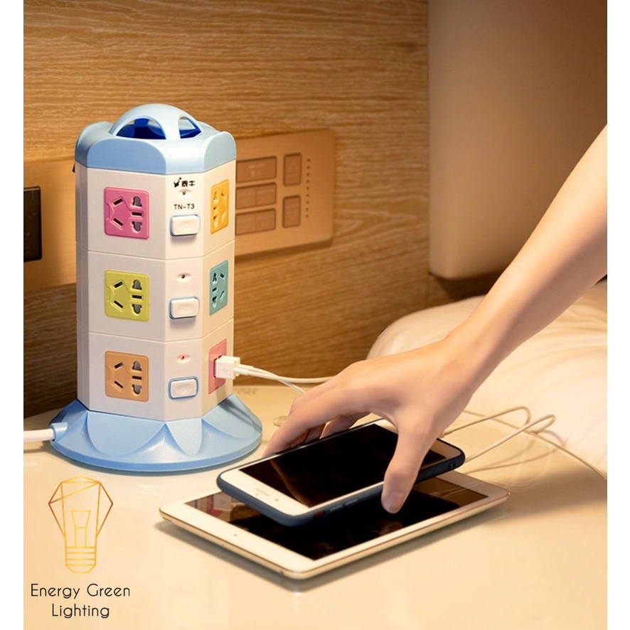Ổ Cắm Điện Đứng Đa Năng Energy Green Lighting TN-2,3,4 Tầng - Dây Dài 2m8 Tặng Kèm Phích Cắm Chuyển Đổi - Bảo Hành 1 Năm