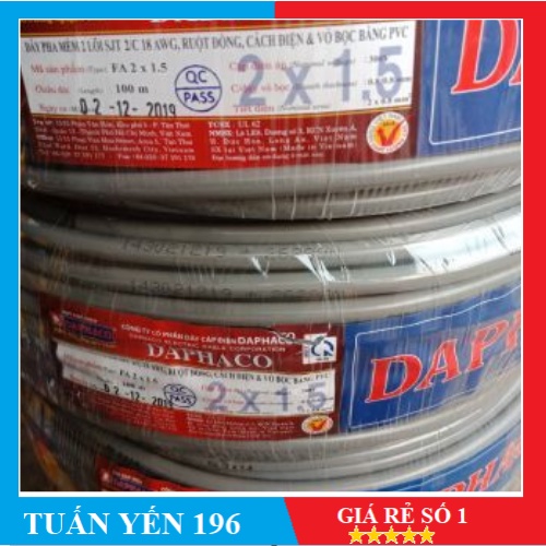 [DAPHACO] Dây Điện Đôi 2x1.5 - Cuộn 100 Mét Dây Pha Tròn Xám 2 Lớp Vỏ Bọc PVC