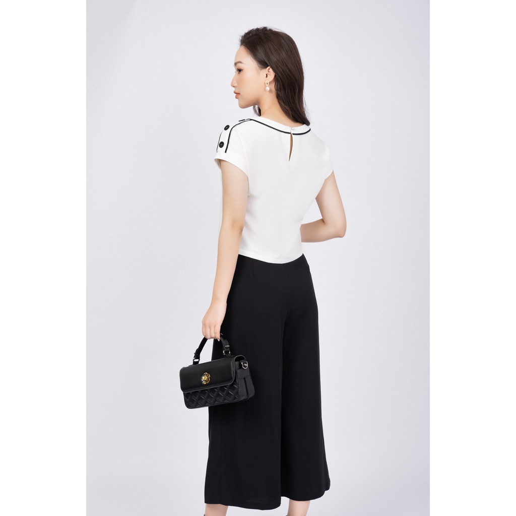 Áo sơ mi nữ dáng croptop suông kẹp lé phối lưới viền cổ vai đính cúc trang trí FIONA F552150