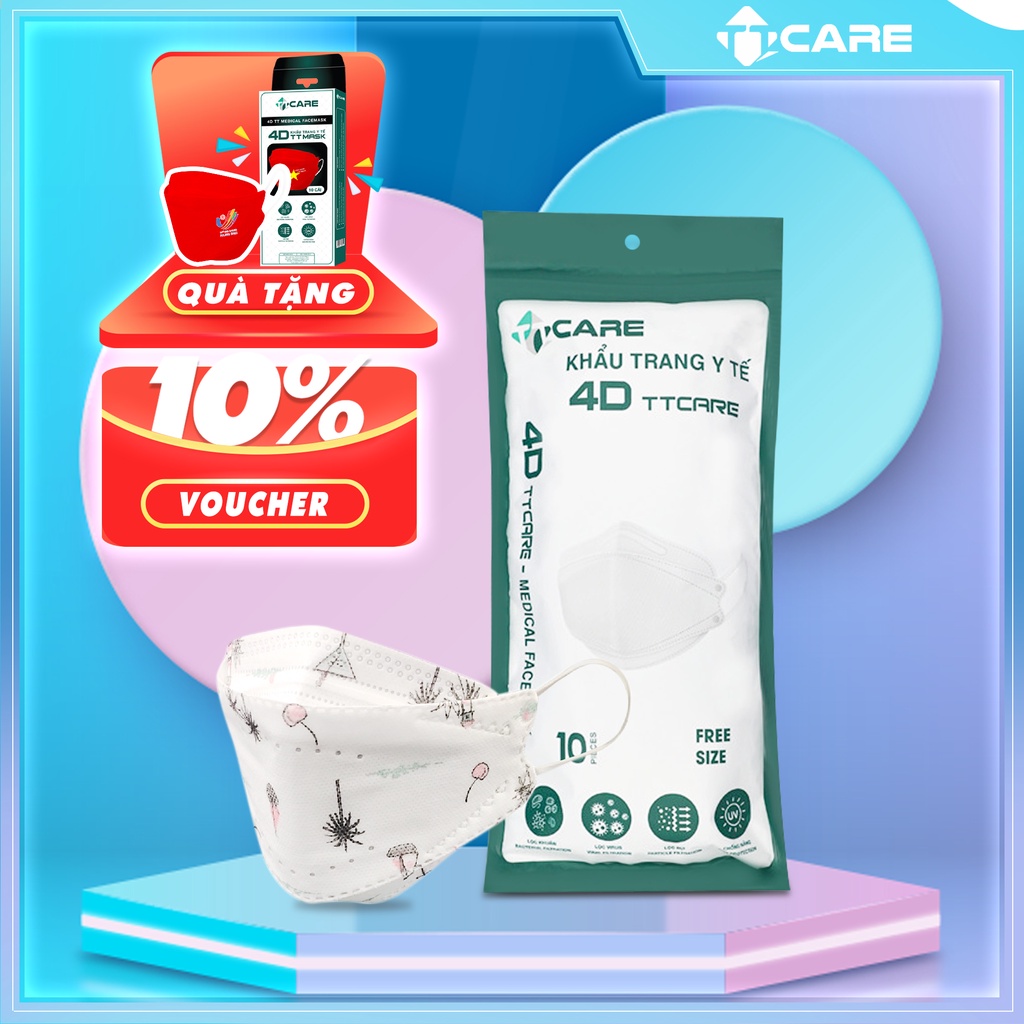 COMBO 5 Túi khẩu trang y tế kf94, khẩu trang 4D in hình hoạ tiết cute chính hãng TTCare