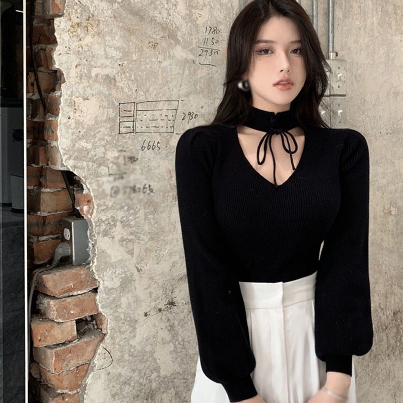 Áo sweater dệt kim thiết kế tay dài cổ chữ V hở lưng cho nữ | BigBuy360 - bigbuy360.vn