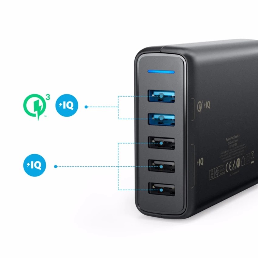 Sạc ANKER PowerPort Speed 5 cổng 63W có 2 cổng Quick Charge 3.0 (Đen)