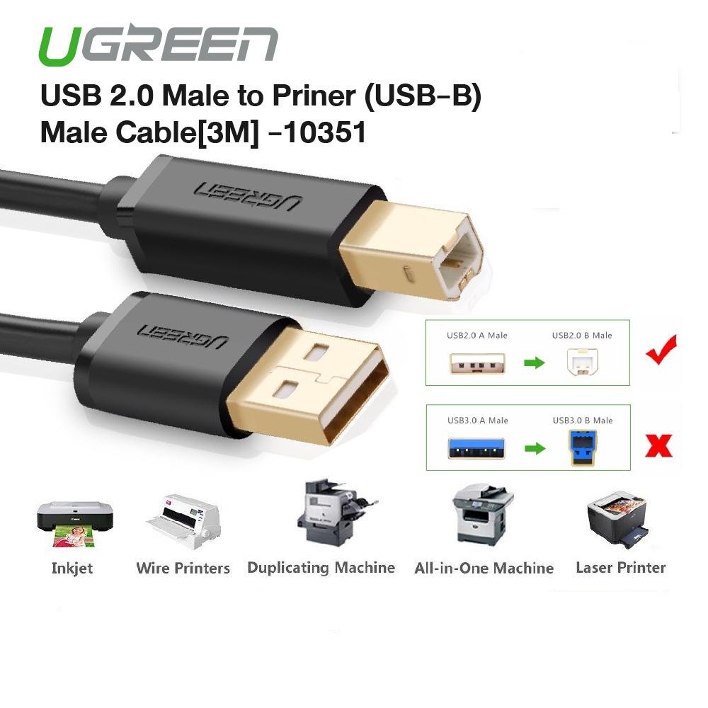 Cáp máy in USB 2.0 Ugreen 10351 dài 3M chống nhiễu cao cấp