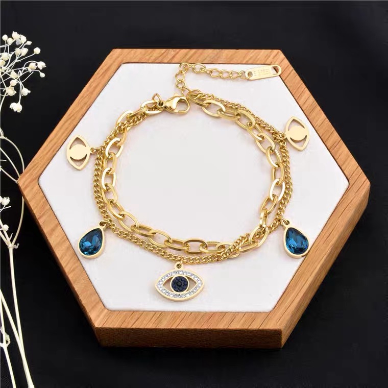 Vòng Đeo Tay Hai Lớp Bằng Thép Titan Mạ Vàng Hồng 18K / Vàng Hồng / Bạc Thiết Kế Hình Mắt Quỷ Độc Đáo Phong Cách Âu Mỹ Sang Trọng