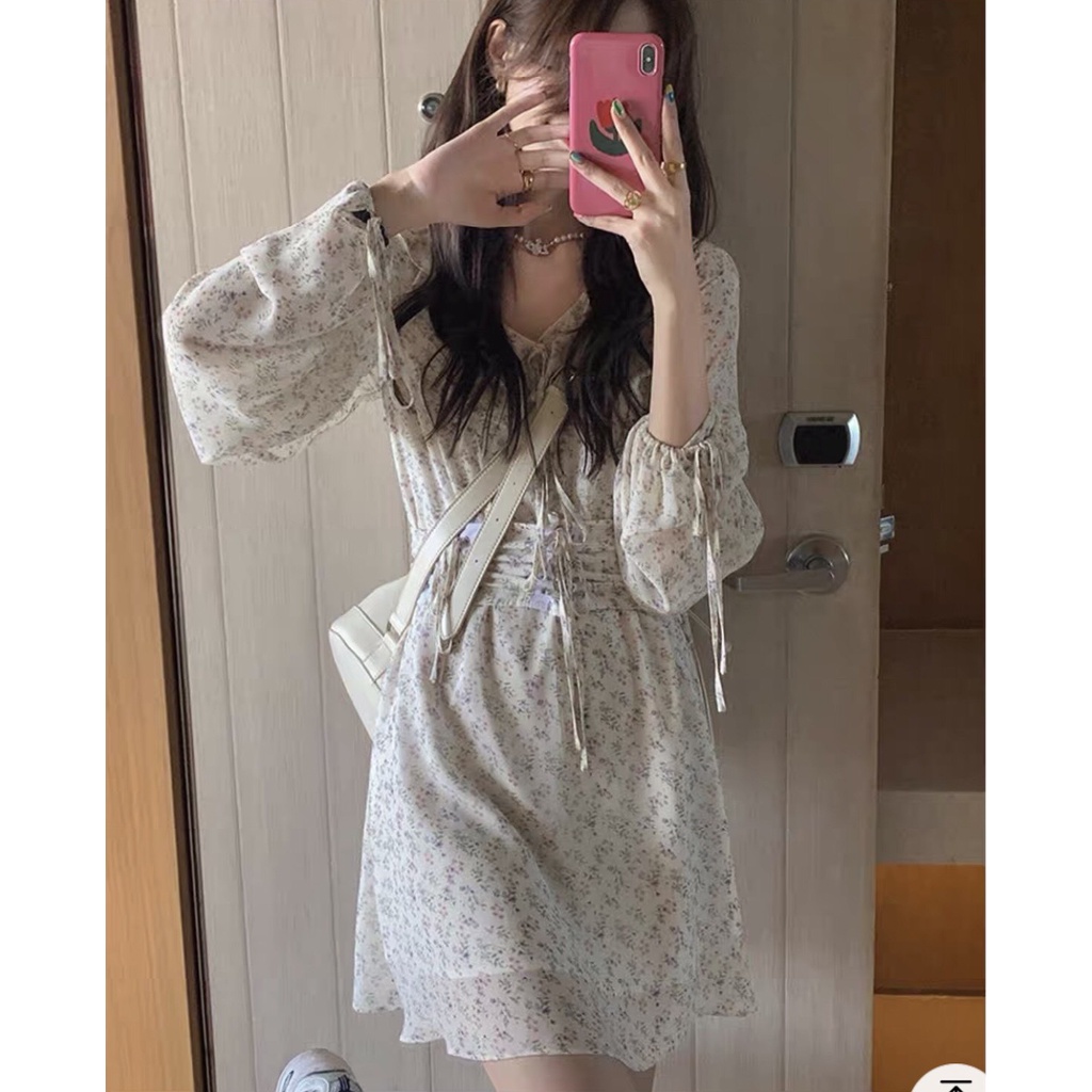 [Ảnh thật/Video] Váy hoa nhí cổ bèo dáng xòe thắt nơ kèm corset ulzzang - Váy hoa nhí kèm đai | BigBuy360 - bigbuy360.vn