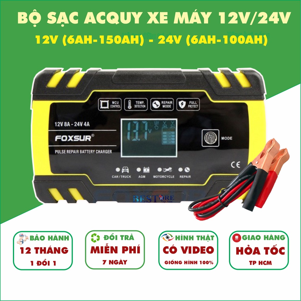 Sạc bình acquy xe máy ô tô tự ngắt thông minh -Máy sạc bình ắc quy 12v 150ah Foxsur có khử sunfat