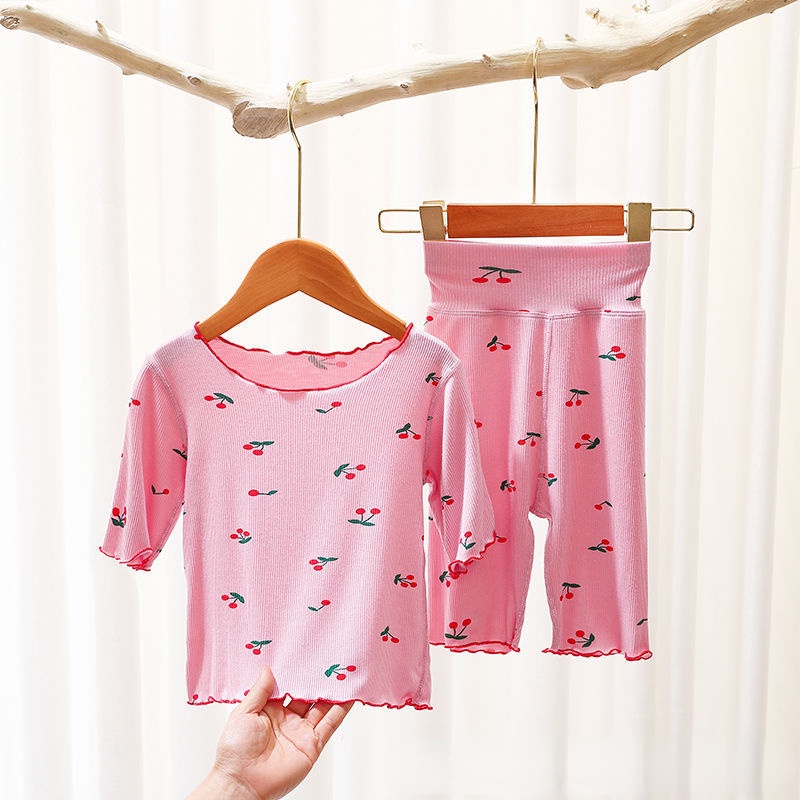 Bộ Đồ Ngủ Tay Ngắn In Hình Quả Anh Đào + Quần Dài Eo Cao Thời Trang Mùa Hè Hàn Quốc Cho Bé Gái 0-7 Tuổi