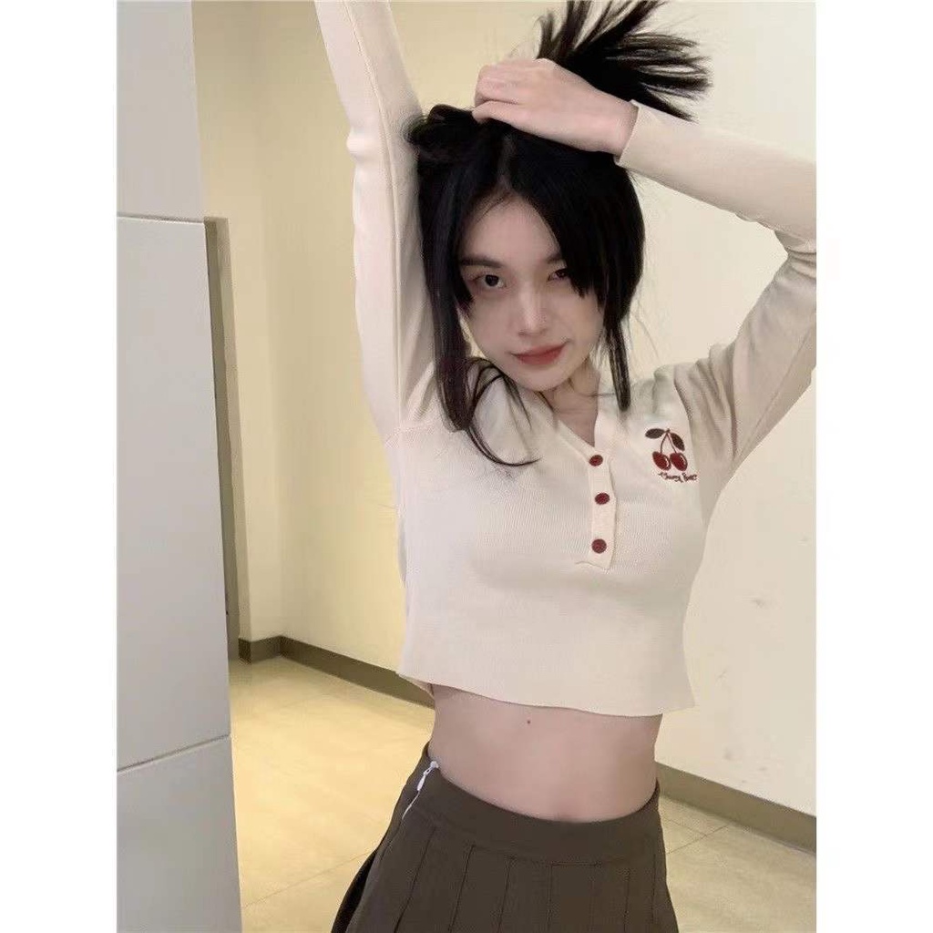 Áo Cardigan Cổ Chữ V Dáng Ngắn Màu Trơn In Họa Tiết Cherry Thời Trang Xinh Xắn Cho Nữ