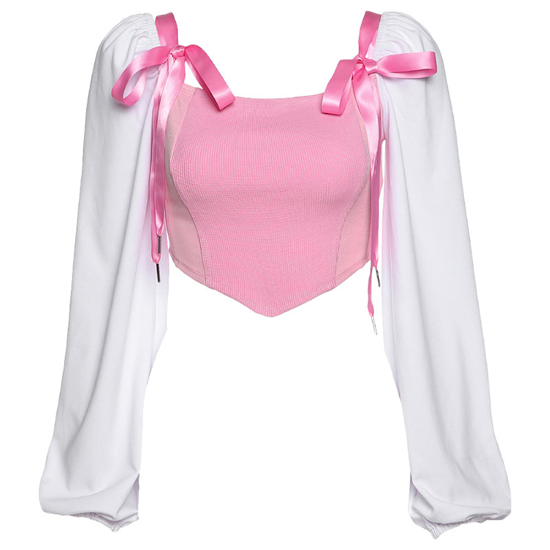 Fashion Women Lace Strap Off Shoulder Crop Top Puff Long Sleeve Casual Daily Tshirt