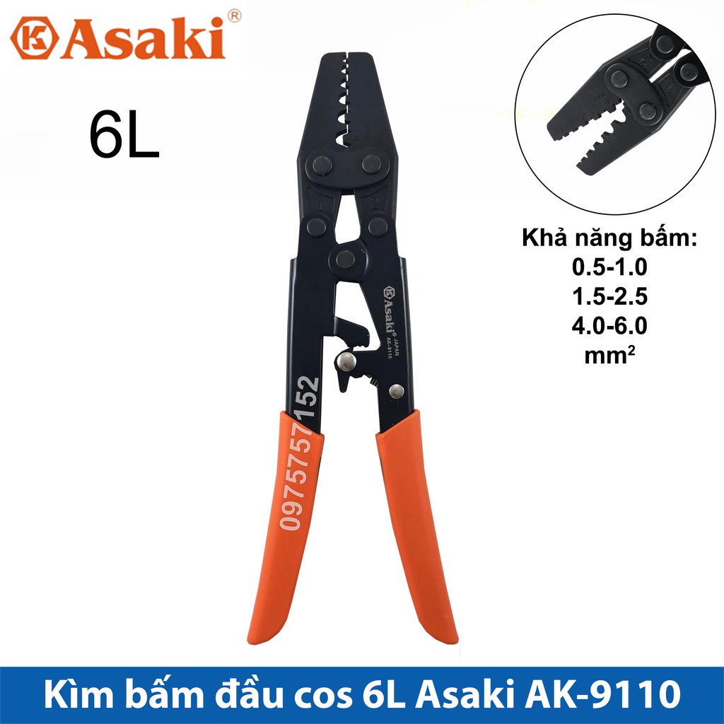 Kìm bấm cos 6L 0.5 -&gt; 6mm2 Asaki AK-9110 (Kềm bấm cốt 6L)