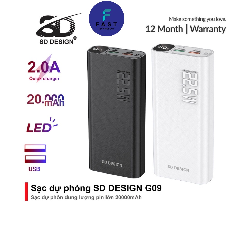 Sạc dự phòng 20000mAh sạc nhanh 22,5W chính hãng SD G09 chuẩn PD QC 3.0 VOOC