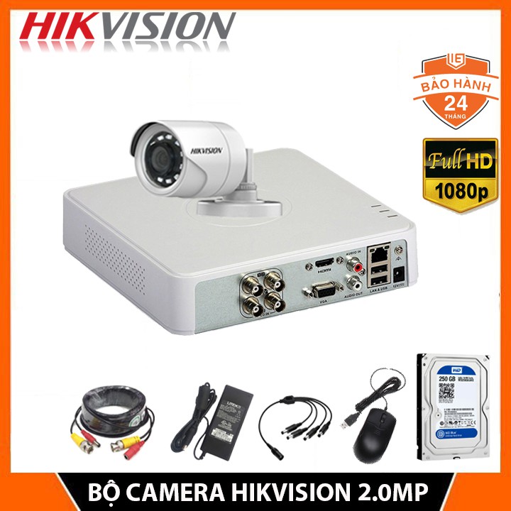 Bộ 1 Camera giám sát Kèm đầu ghi 2.0MP HIKVISION chính hãng FHD 1080P - KÈM HDD+đủ phụ kiện lắp đặt - Bảo hành 24 Tháng