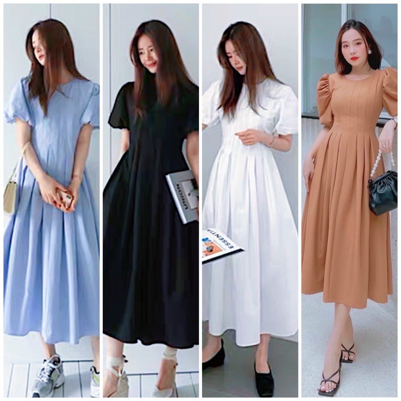 Đầm váy freesize cổ tròn xếp li 5 màu