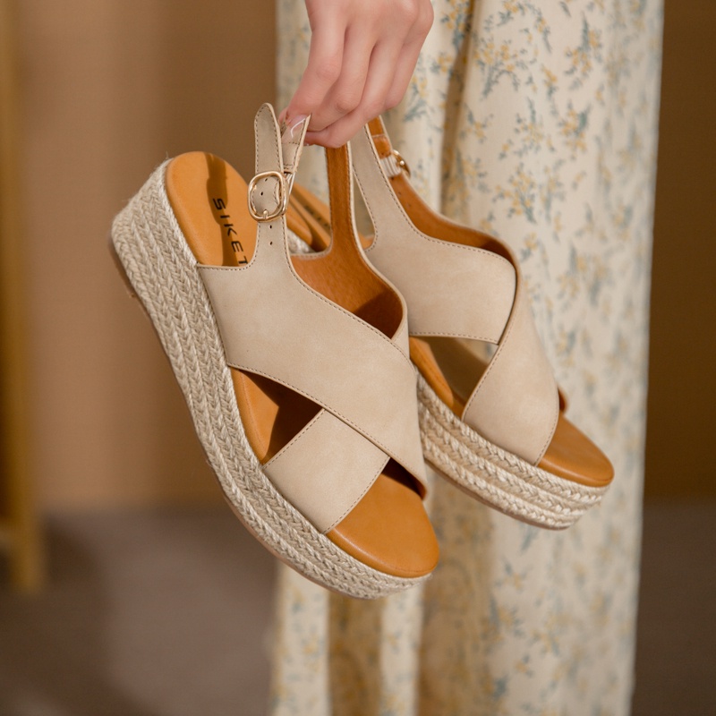 Giày sandal Siketu đế xuồng bọc cói 5cm, quai chéo thời trang