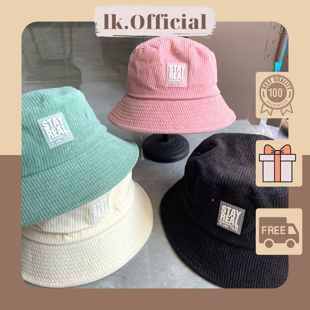 Mũ bucket nam nữ nón đội đầu vành cụp tai bèo chất nhung tăm thêu chữ Stay Real màu sắc pastel LK266