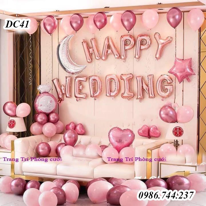 Set bóng trang trí phòng cưới happy wedding tông màu hồng