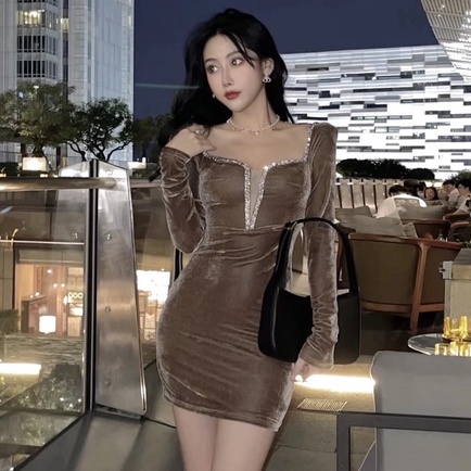 Váy Body Cổ V Viền Đá LSEOUL V1261 Ánh Kim Sang Trọng Quyến Rũ Phù Hợp Đi Tiệc