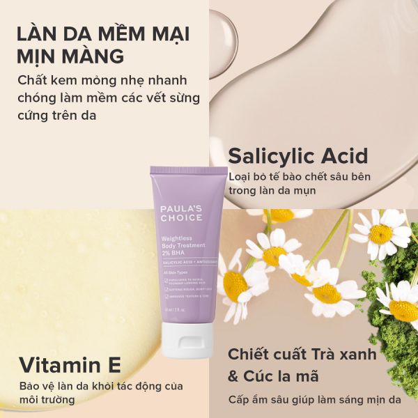 Kem Dưỡng Thể Paula Choice Weightless Body Treatment 2% BHA, Skin Revealing 8% AHA tẩy tế bào chết body 60ml, 210ml