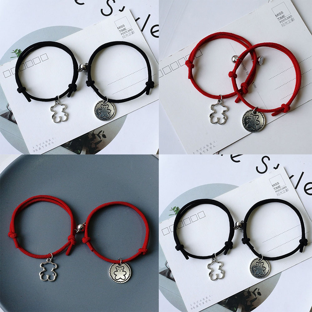 Cặp vòng tay dây bện trang trí mặt kim loại hình gấu dành cho nữ