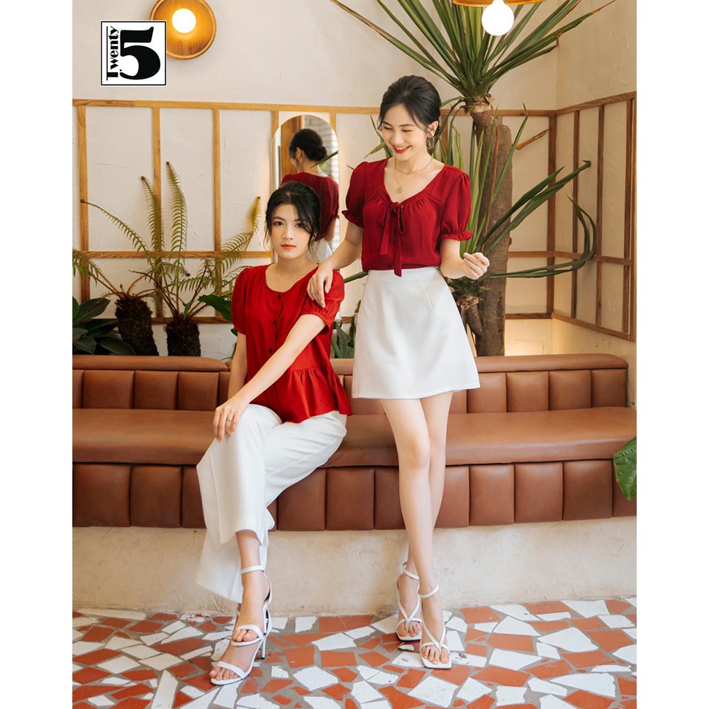 Áo sơ mi nữ công sở đỏ vintage viền gấu bèo cổ tròn Twentyfive SA11