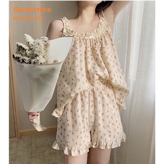 Set Bộ Áo Hai Dây Hoa Nhí Bèo Kèm Quần Bèo Đùi Tiểu Thư Siêu Mát( tặng kèm nơ tóc cute).