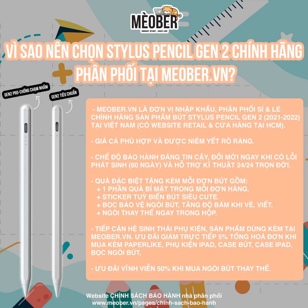 Bút cảm ứng Stylus Pencil Gen 2 by Meober - Chống chạm nhầm, ghi chú nét thanh đậm cho iPad Pro 11 12.9 Air4 5 Gen8 9