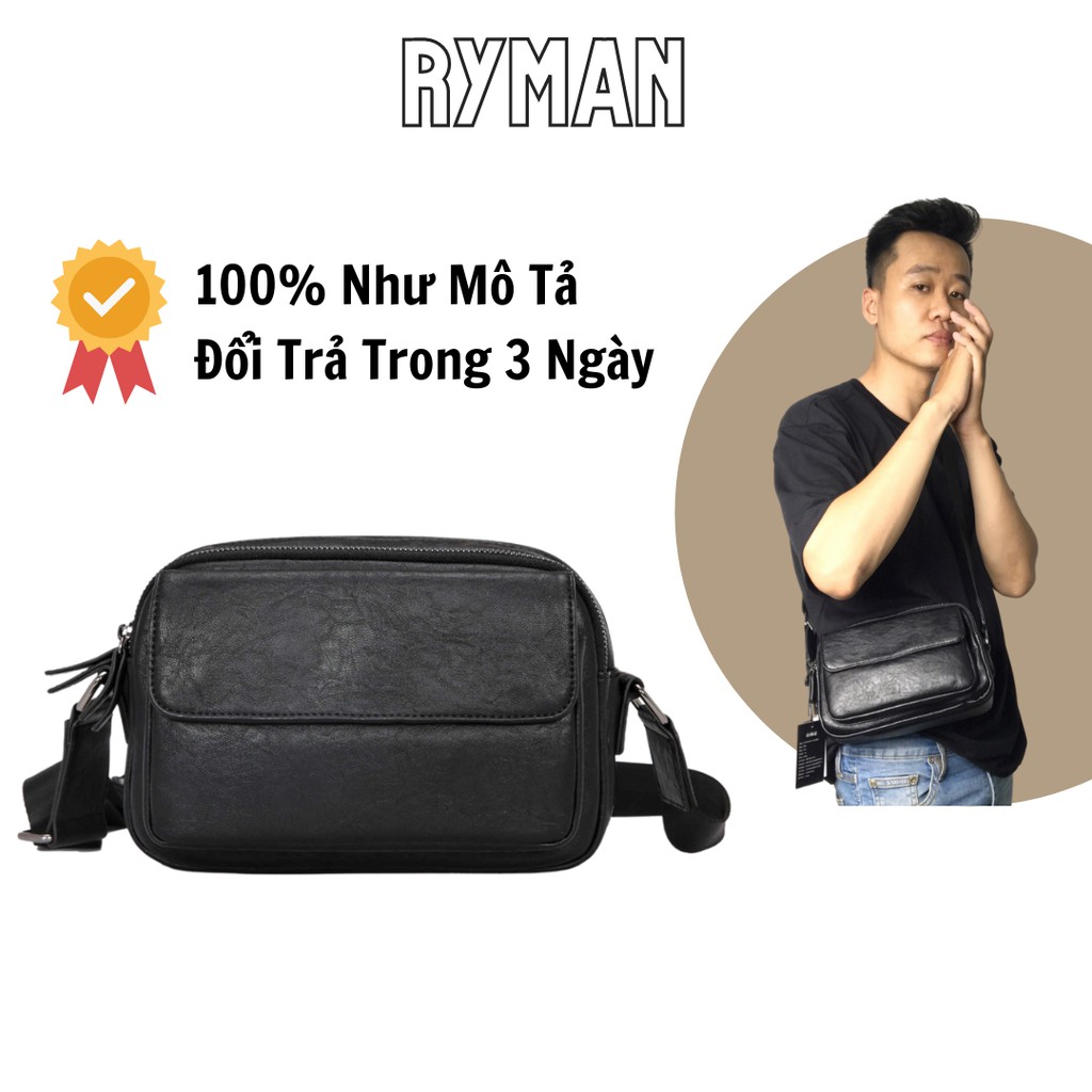 Túi nam đeo chéo đeo vai da PU trơn mềm cao cấp, màu đen 4 ngăn khóa kéo, dây đeo bền đẹp cho học sinh sinh viên đi chơi